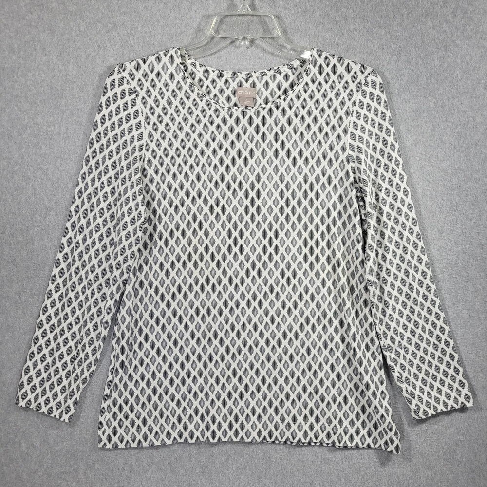 Chico's Geometric Print Essential Layer Top 2 Large Black White Long Sleeve